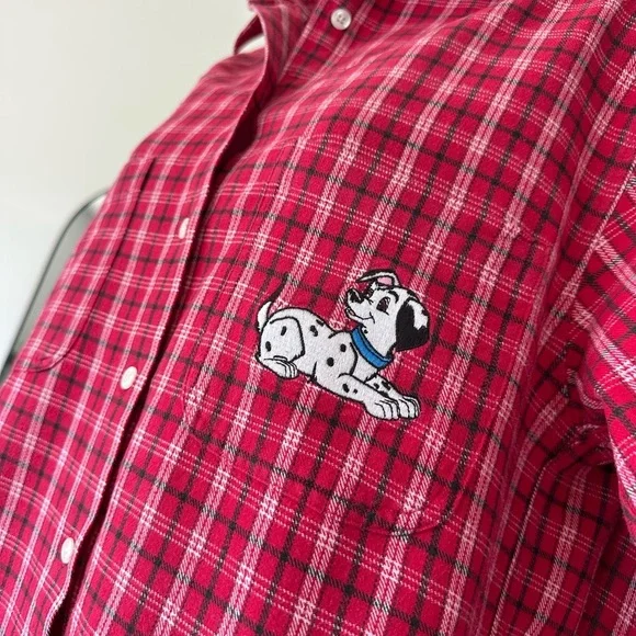Disney 101 Dalmatians 100% Cotton Adorable Embroidered Red Flannel, Size M - Picture 4 of 9